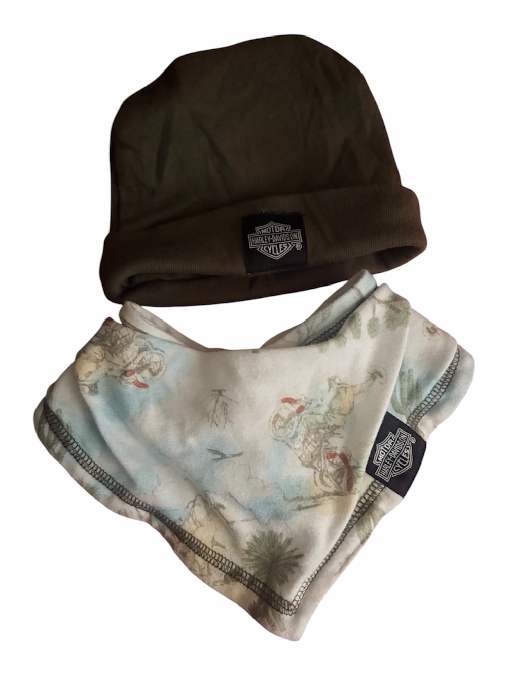 Harley-Davidson Brown Beanie with Cream & Light Blue Printed Bandana Set Newborn